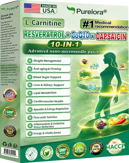 🔥New arrivals: 80% off | Purelora® L-Carnitine Resveratrol × CoQ10 × CAPSAICIN 10-in-1 Nano Microneedle Patch (Just once daily, visible changes in 7 days) ✅ Supports weight management, skin firmness, energy metabolism, cardiovascular health, fat burning